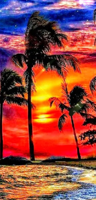 Vibrant tropical beach scene at sunset with palm trees and colorful sky.