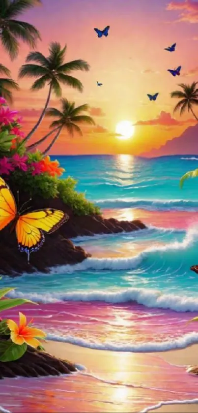 Vibrant tropical beach sunset with butterflies and flowers.