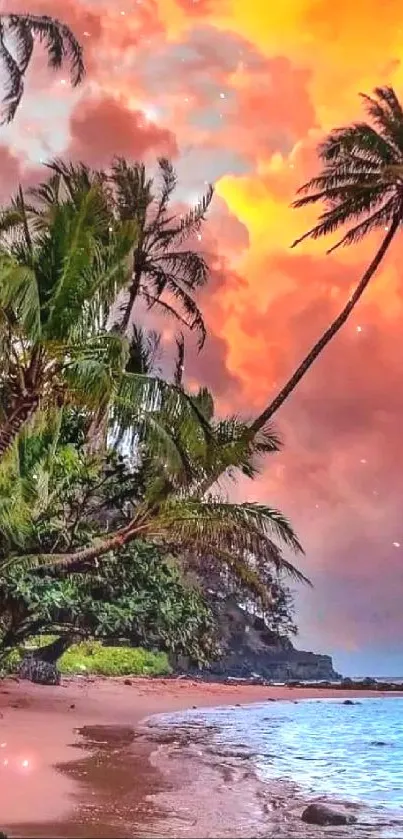 Stunning tropical beach at sunset with palm trees and vivid sky.