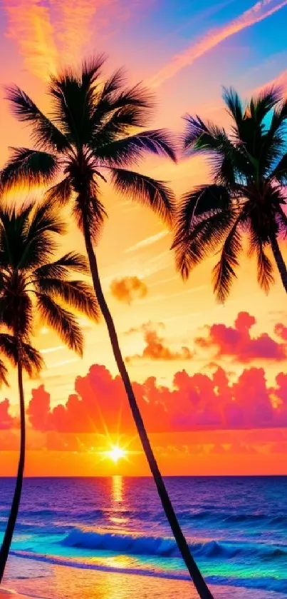 Tropical sunset with palm trees and vibrant sky over the ocean.