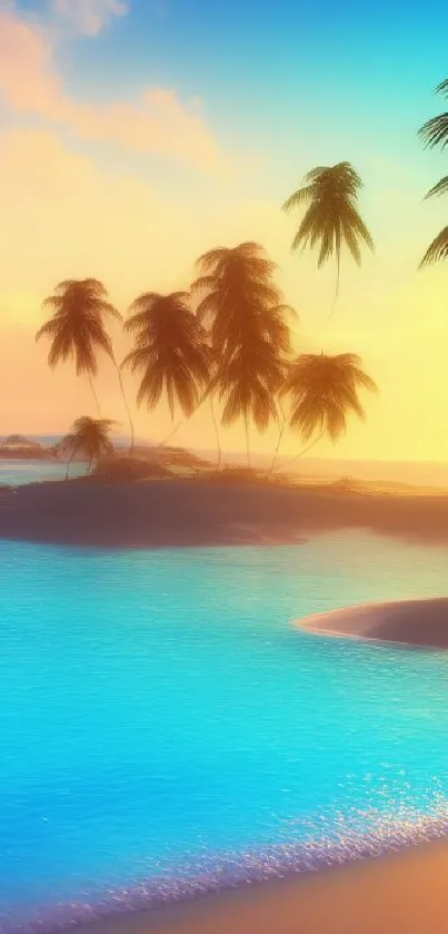 Vibrant tropical sunset with palm trees along a serene beach.