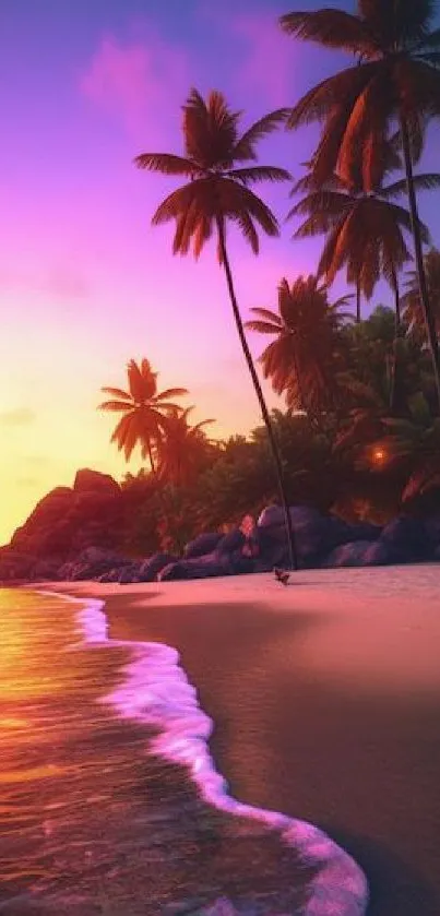 Tropical sunset beach with palm trees and ocean waves in vibrant colors.