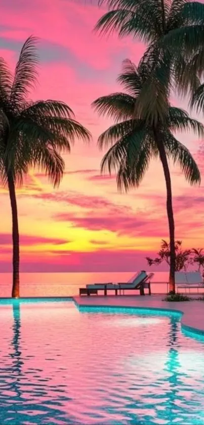 Tropical sunset scene with palm trees and pool reflection.