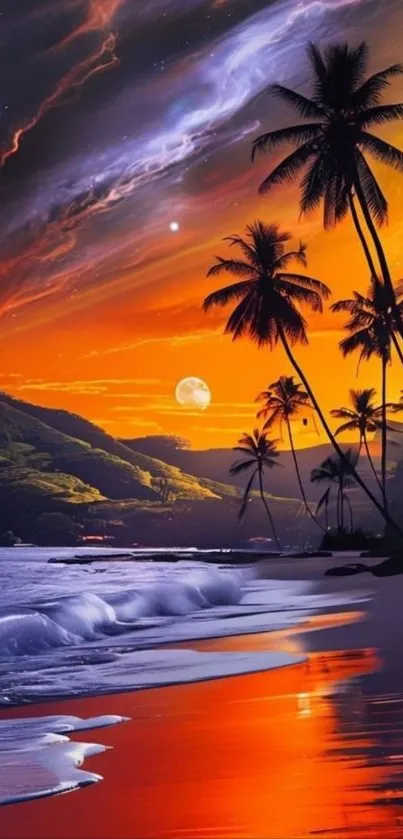 Tropical sunset beach with palm trees silhouetted against vibrant orange sky.