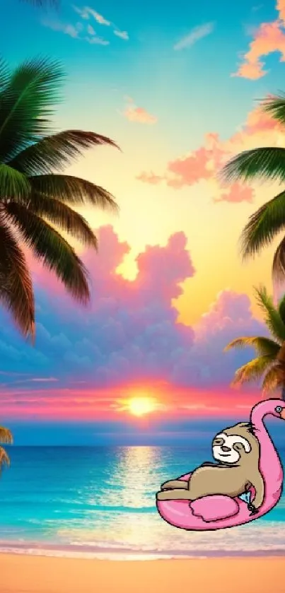 Serene tropical sunset with palm trees and a sloth on a beach.