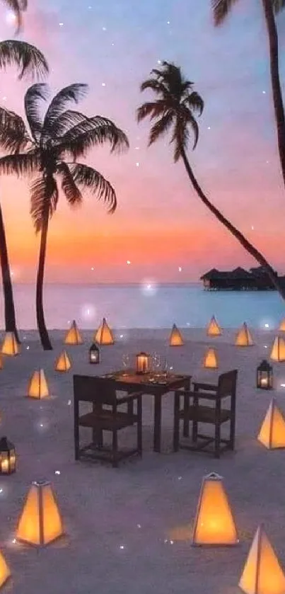 Tropical beach with sunset, palm trees, and glowing lanterns.