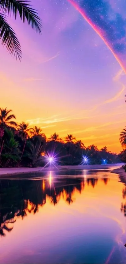 Tropical beach sunset with palm trees reflecting in calm water.