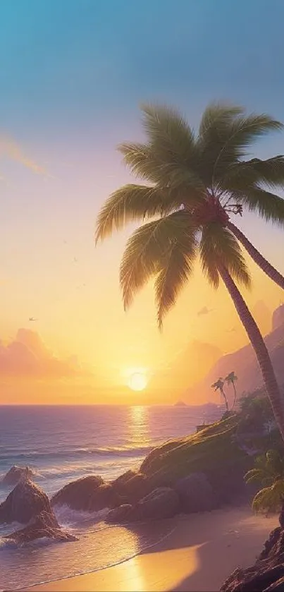 Tropical sunset beach with palm trees and ocean waves.