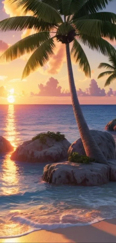 Tropical sunset with palm trees on a serene beach.