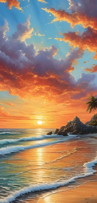 Vibrant sunset over a serene beach with waves and palm trees.