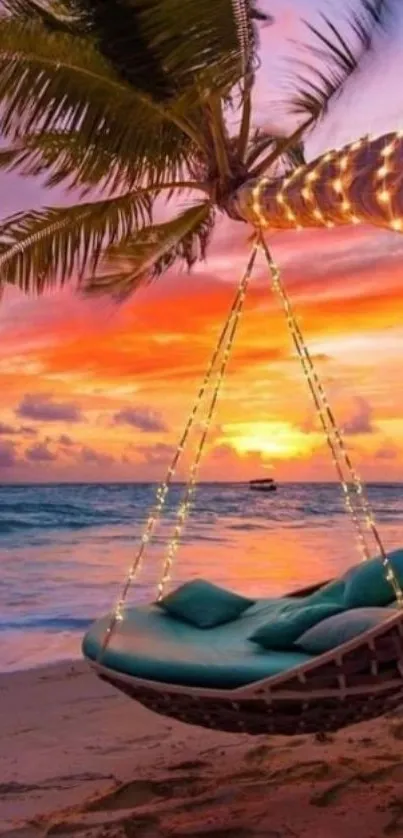 Scenic tropical beach with hammock at sunset.