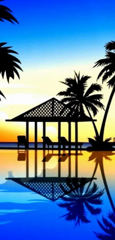 Tropical beach sunset with palm trees and ocean reflection wallpaper.