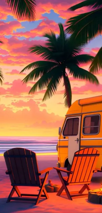 Tropical sunset with palm trees and camper on a beach.