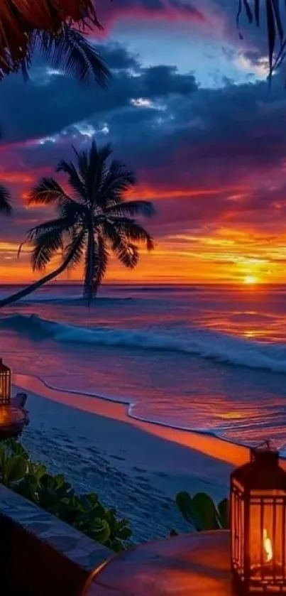 Beautiful tropical sunset with palm trees on a serene beach.