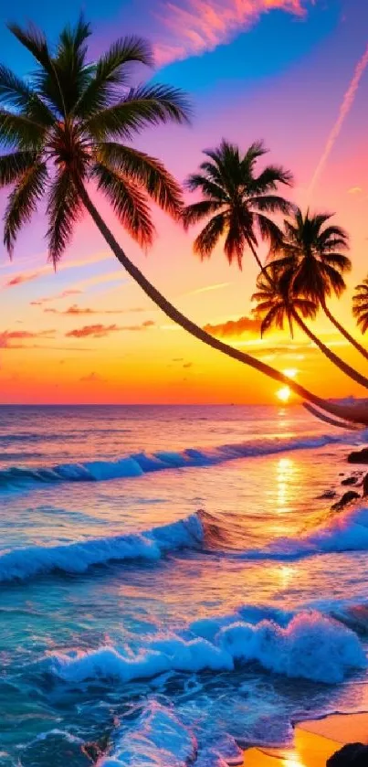 Tropical sunset beach with palm trees and vibrant colorful sky.