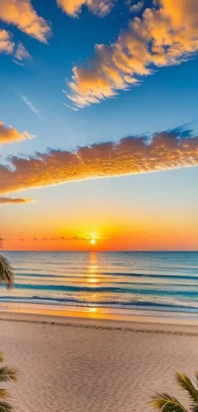 Tropical beach sunset with palm trees and vibrant sky.