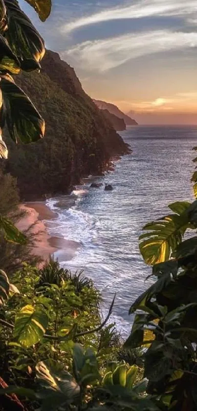 Tropical beach at sunset framed by lush greenery, perfect for a calming wallpaper.