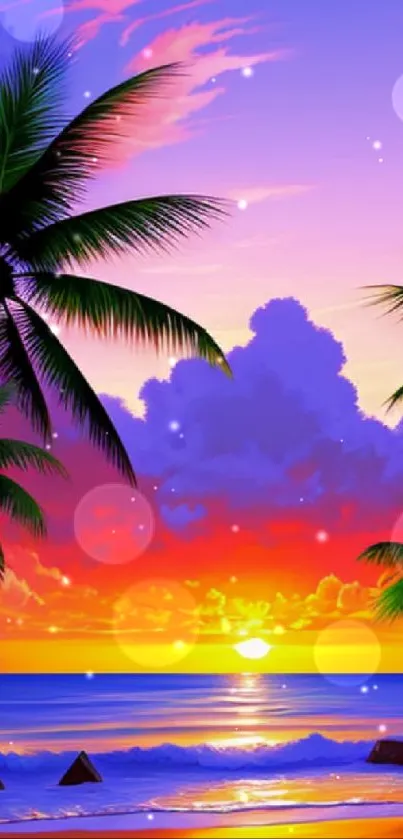 Tropical sunset beach with palm trees and colorful sky.