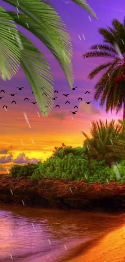 Tropical sunset beach with palm trees and vibrant purple hues.