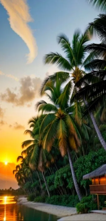 Stunning tropical beach sunset with palm trees and cabin.