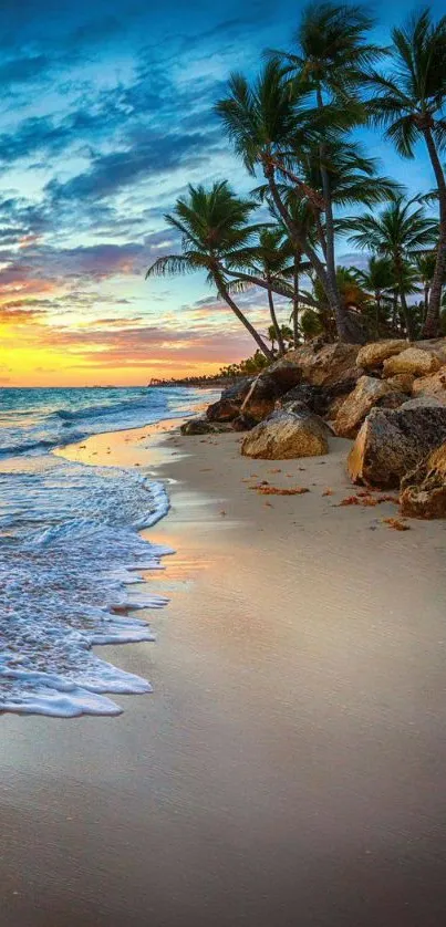 Tropical beach sunset with palm trees and ocean waves.