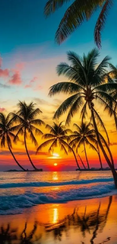 Vibrant tropical beach sunset with palm trees and colorful sky.