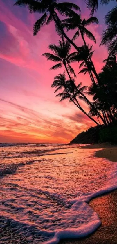 Tropical beach at sunset with pink skies and palm trees.