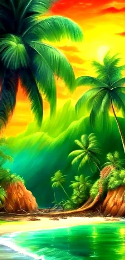 Vibrant tropical beach scene with orange sunset and palm trees.