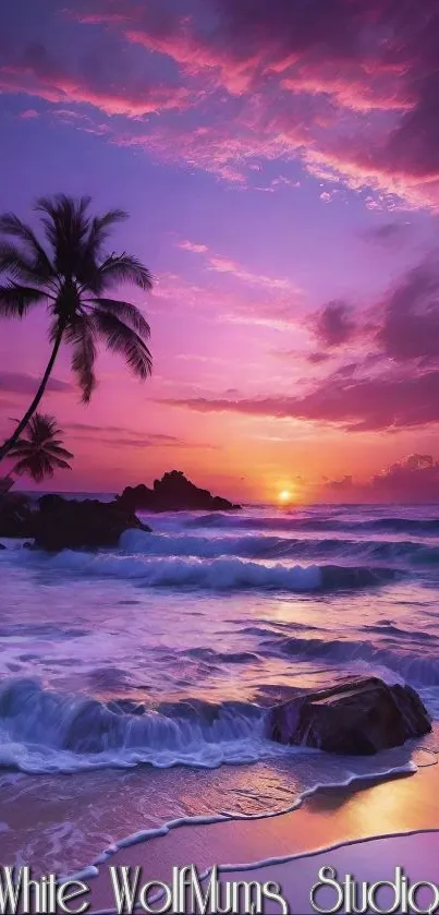 Tropical beach sunset with purple skies and palm trees.