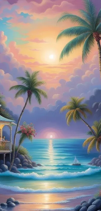 Tropical sunset beach wallpaper with palm trees and vibrant skies.