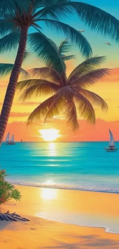 Tropical sunset beach with palm trees and sailboats on a serene ocean.