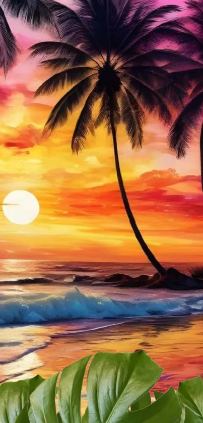 Tropical sunset with palm trees and vibrant sky reflection.