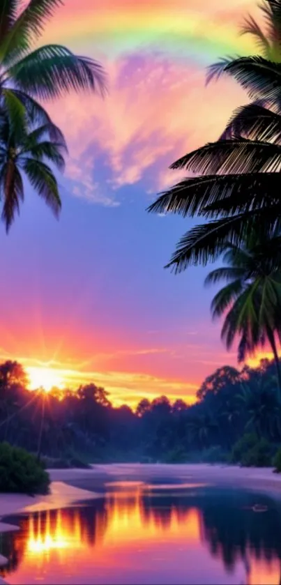A picturesque tropical sunset with palm trees reflecting in water.