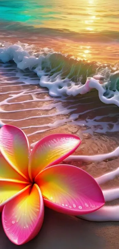 Tropical beach at sunset with vibrant flower in foreground.