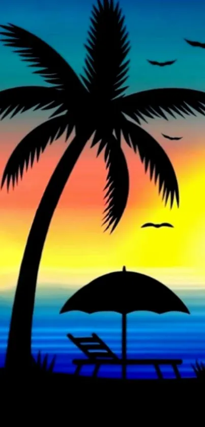 Tropical beach with palm tree silhouette at sunset.