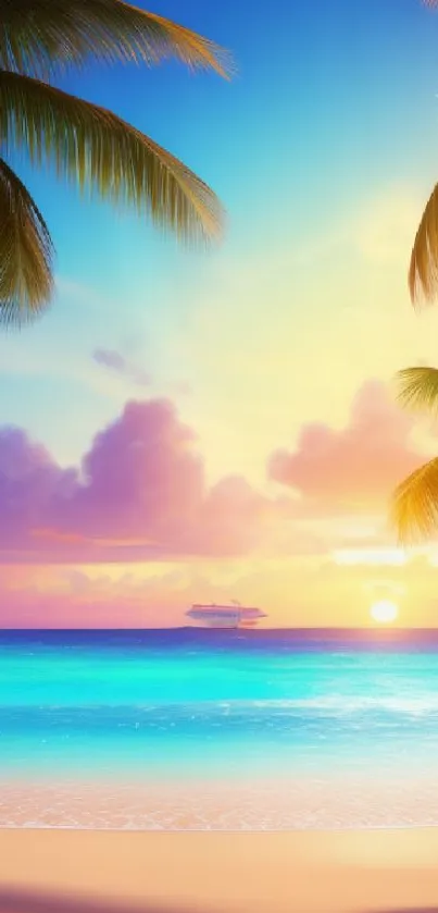Tropical sunset beach with palm trees and ocean waves.