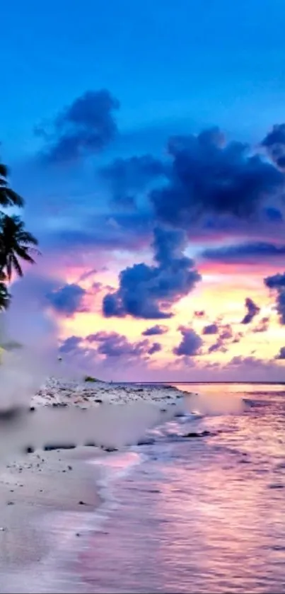 Tropical beach at sunset with vibrant skies and palm trees over calm waters.