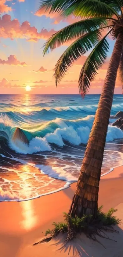 A tropical beach at sunset with palm trees and ocean waves.