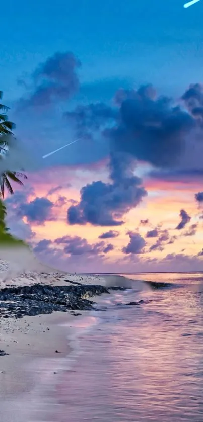 Tranquil tropical sunset beach with palm trees and serene pink and blue skies.