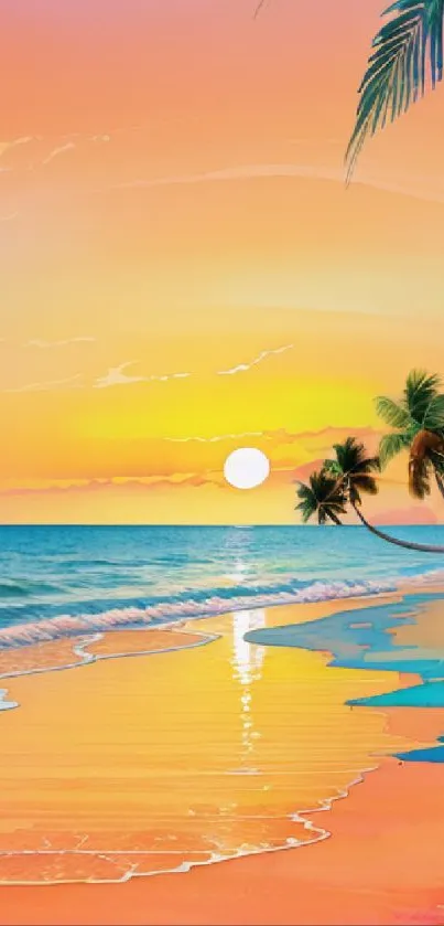 Vibrant tropical sunset beach with palms and ocean waves.