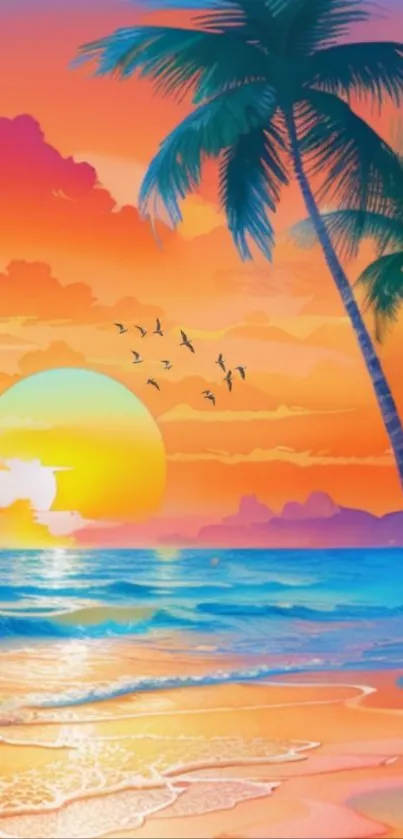 Vibrant tropical sunset with beach and palm trees at ocean shore.