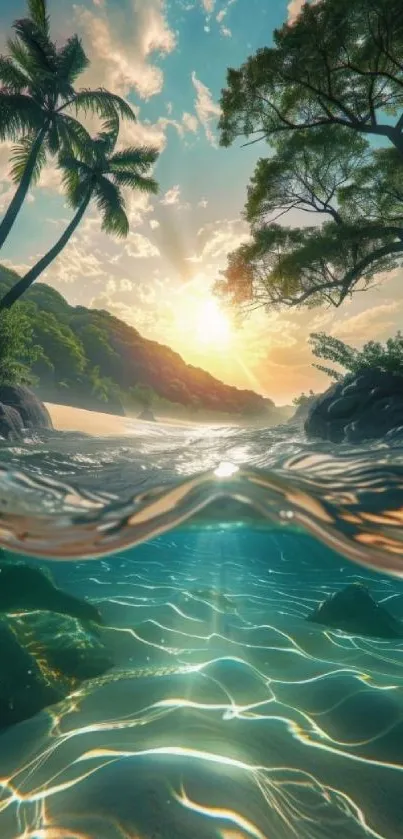 Stunning tropical sunset over crystal-clear beach water with palm trees.