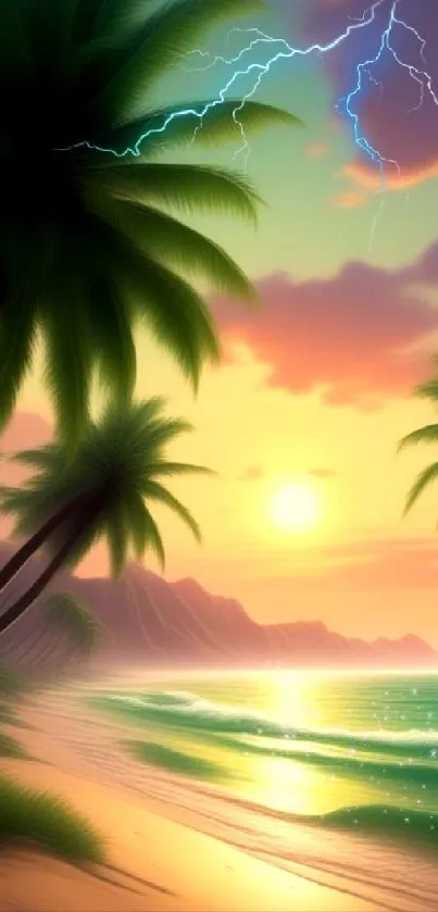 Tropical sunset with palm trees and lightning over the beach.