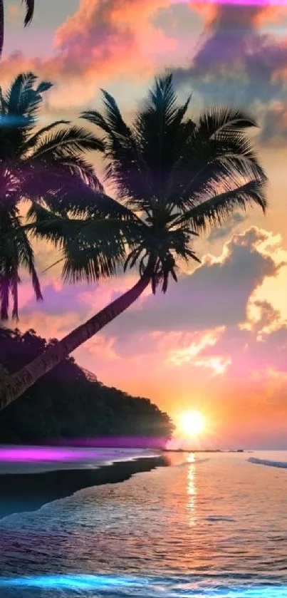 Mobile wallpaper of a tropical beach at sunset with palm trees and vibrant sky.