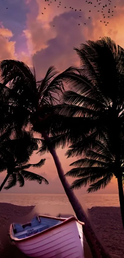 Tropical sunset beach with palm tree and boat in vibrant hues.