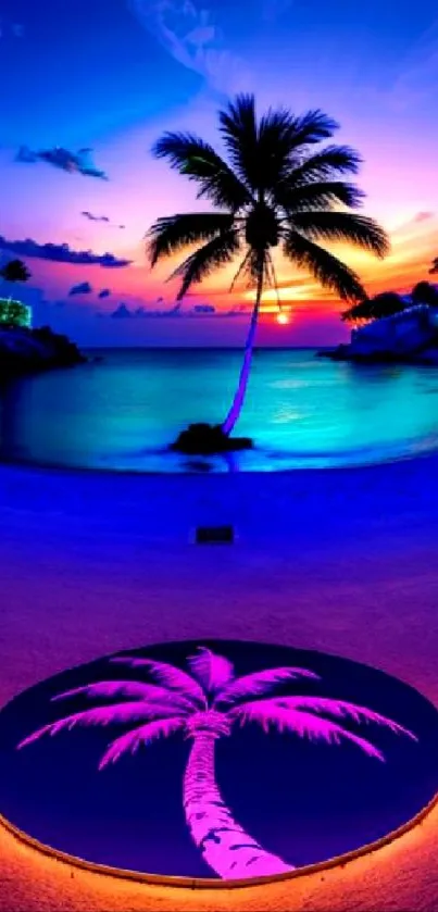 Vibrant tropical sunset with palm tree on beach