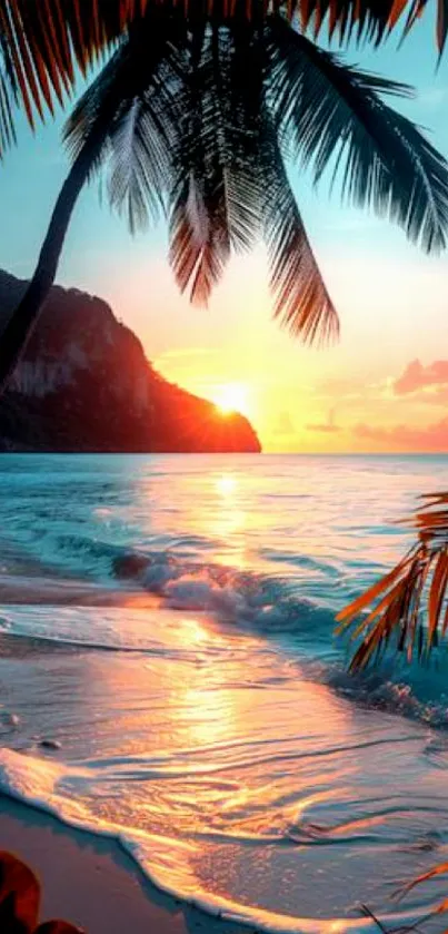 Tropical beach scene with sunset sky, palms, and serene ocean waves.