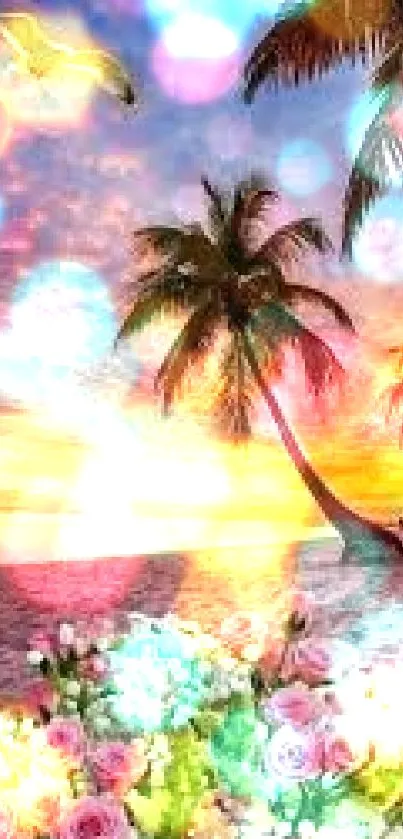 Tropical sunset beach with palms and pink roses in vibrant colors.