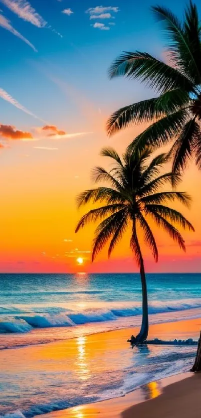 Tropical beach sunset with palm trees and ocean waves at dusk.