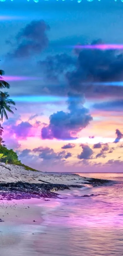 Tropical sunset beach with palm trees and pink-hued sky.